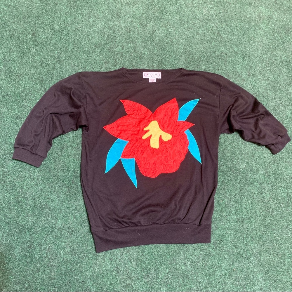 Vintage 80's Tropical Floral Large Print Embroidered Top